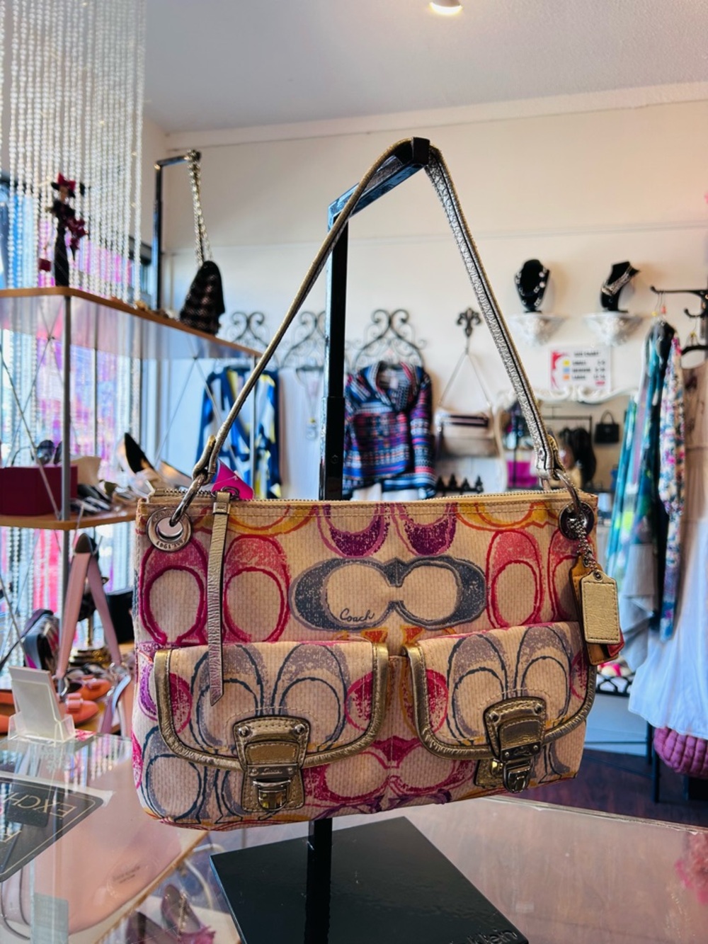 Coach Multicolor Signature Canvas Shoulder Bag in Pink and Tan